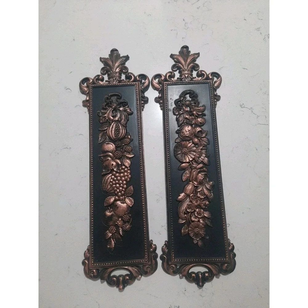 Syroco Wall Plaques Vintage 1970 MCM 2 Black - Bronze Flowers & Fruits 7221 7222